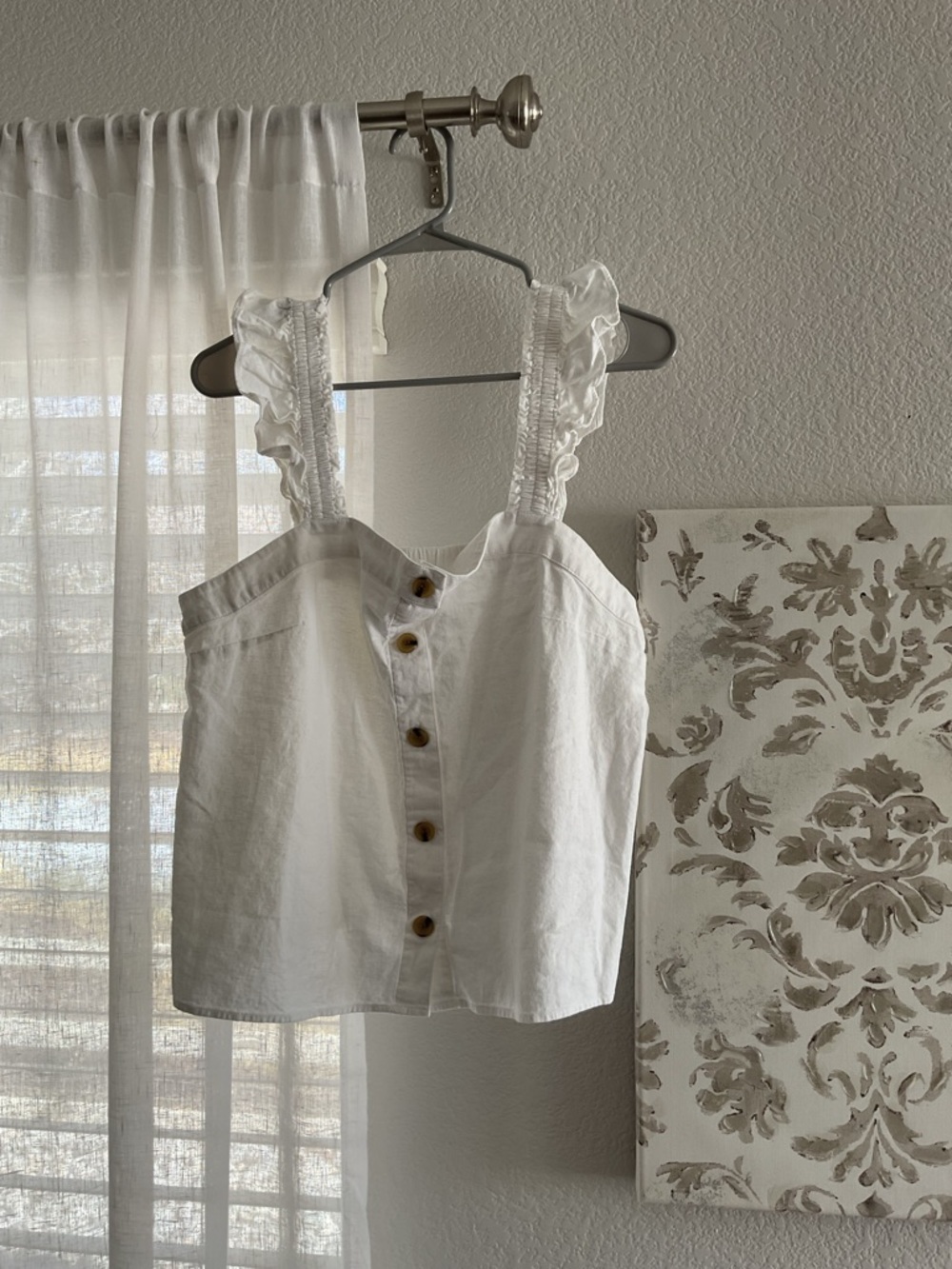 J. Crew White Ruffle-Strap Button Crop Top